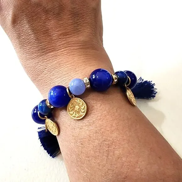 Kate Spade Pretty Poms Blue Coin Charm Festival Tassel Bracelet - Picture 6 of 8